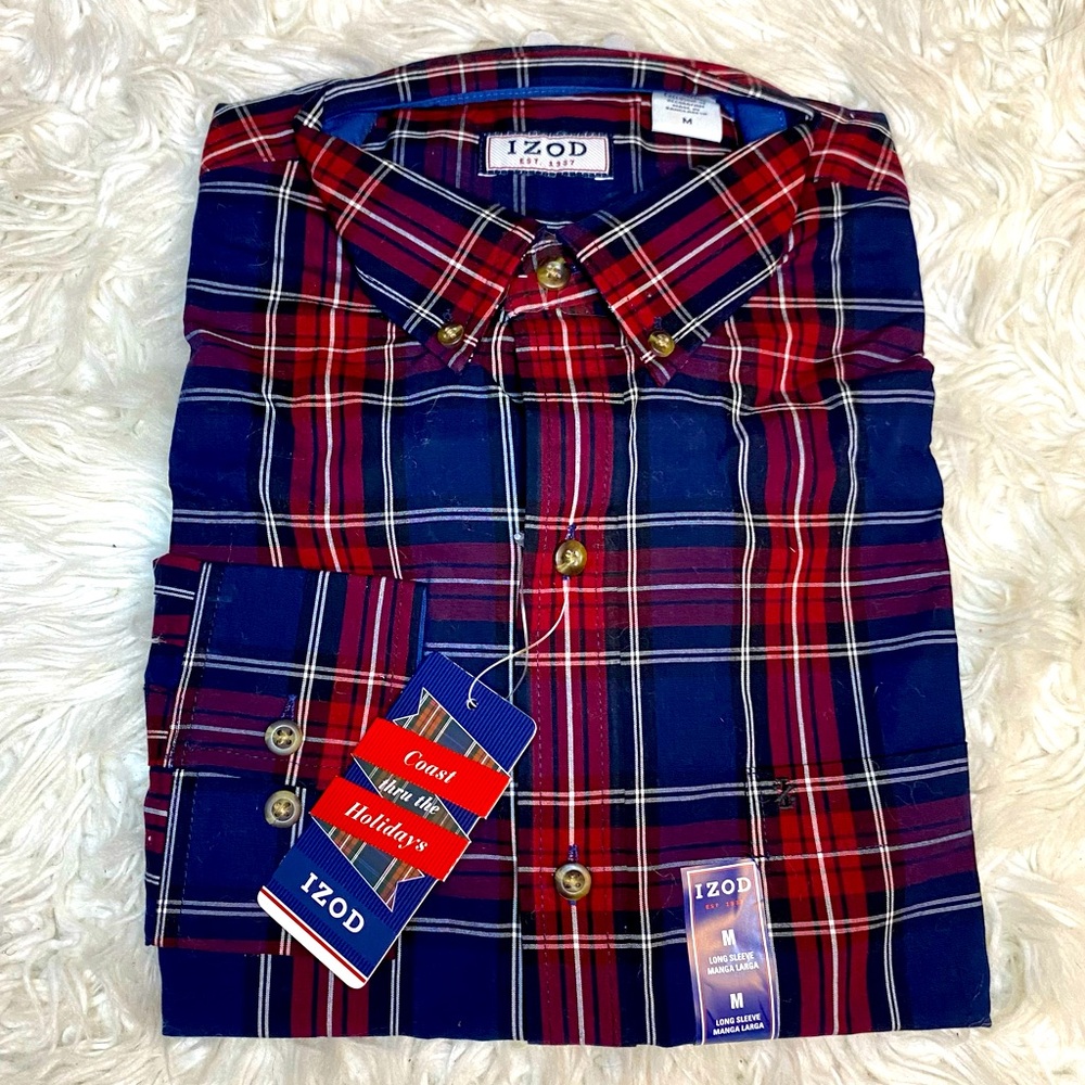 Izod NWT "midnight" blue and red plaid button down long sleeve shirt